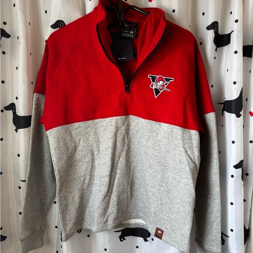 Cozy Red and Gray Zip Up Sweater with High Collar
